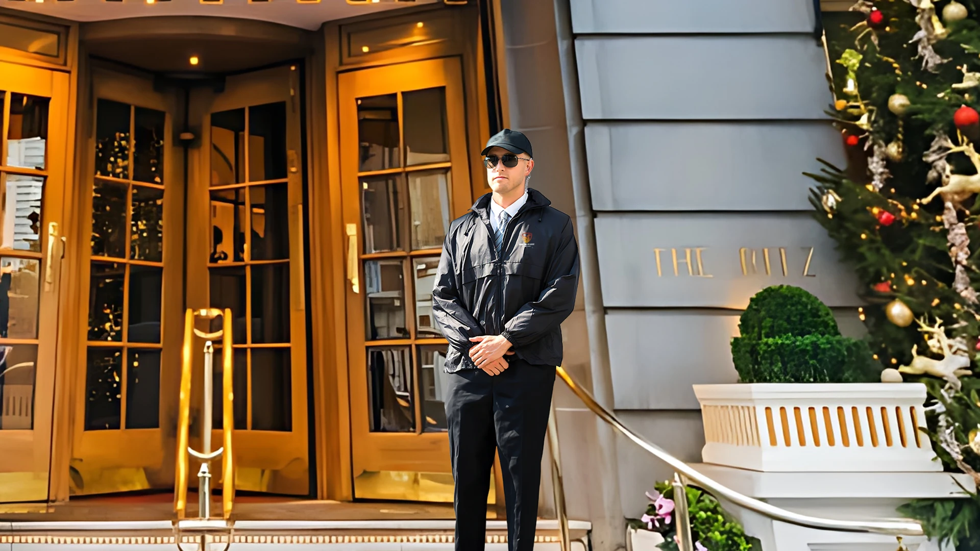 UK hotel security guard, in Guard Mark uniform, stands vigilant at hotel door, ensuring safety.