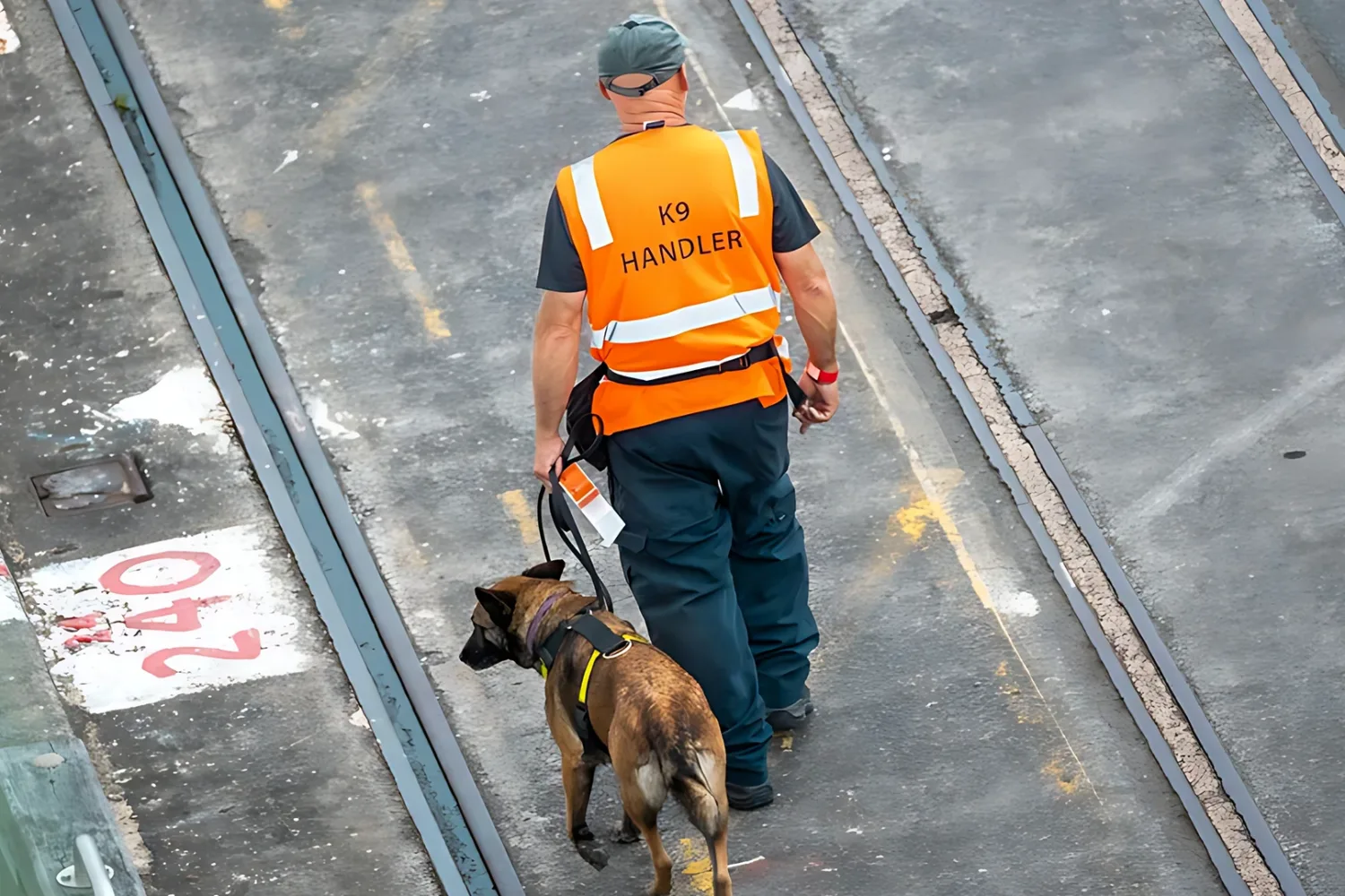 K9 security guard, in Guard Mark uniform, uses watchdog to prevent criminal activity as instructed.