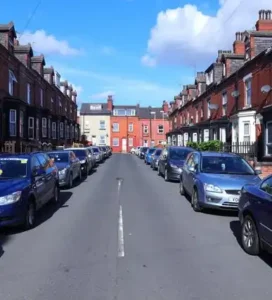 A street lined with parked cars and red brick houses under a blue sky in Leeds, dangerous areas.