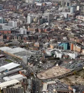 Aerial view of Hunslet, showcasing buildings and streets in one of the most dangerous areas in Leeds.