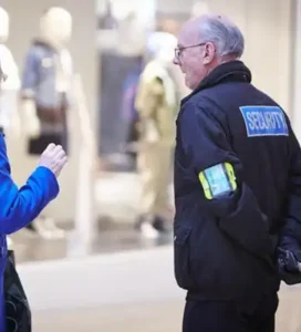 Security guard in uniform talking to a person inside a shopping mall, ensuring safety and assistance.