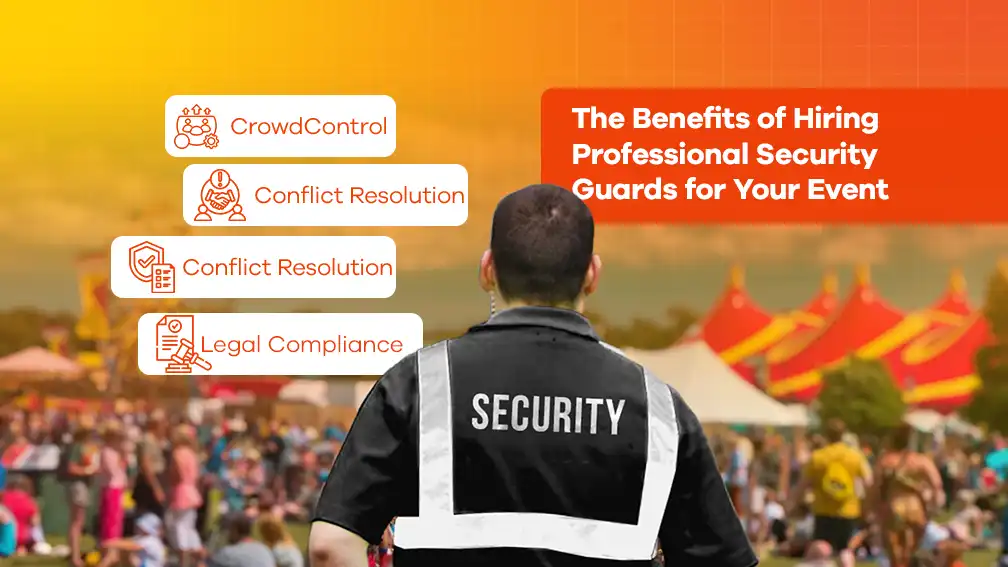 Professional security guard managing crowd control, conflict resolution, and legal compliance at a large outdoor event.