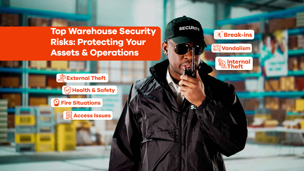 Security Guard on walkie-talkie in warehouse, highlighting top warehouse security risks: break-ins, vandalism, theft, health, fire, access.