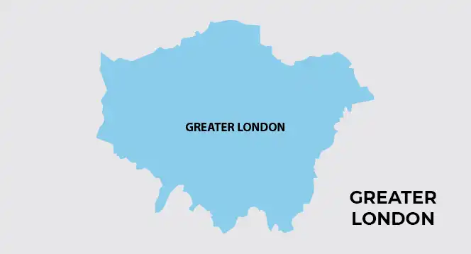 Map of the Greatest London region of the United Kingdom highlighting Greatest London.