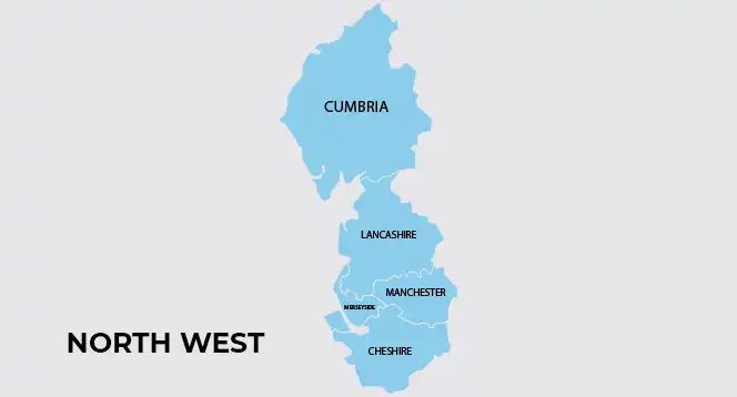 Map of the North West region of the United Kingdom highlighting various districts including Cumbria, Manchester,Lancashire and Cheshire