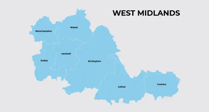 Map of the West Midlands region of the United Kingdom highlighting Wolverhampton, Walsall, Sandwell, Dudley, Birmingham, Solihull, and Coventry.