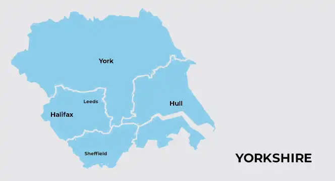 Map of the Yorkshire region of the United Kingdom highlighting York, Hull, Leeds, Halifax, and Sheffield.
