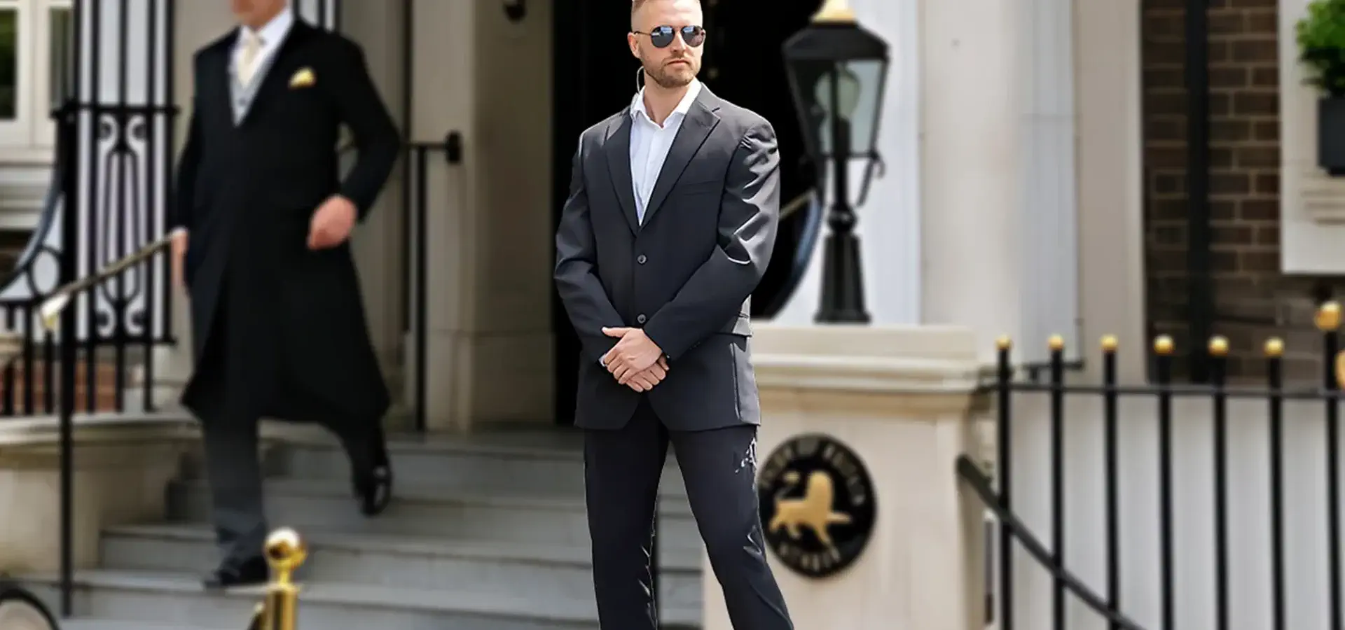 Uk hotel security guard, in guard mark uniform, maintains watch at entrance, ensuring premises' security.