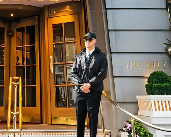 UK hotel security guard, in Guard Mark uniform, stands vigilant at hotel door, ensuring safety.