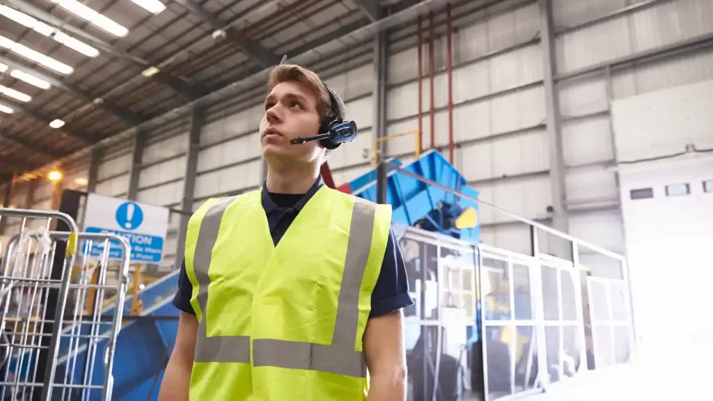 A warehouse security guard wearing a reflective vest and headset monitors the facility, ensuring safety.