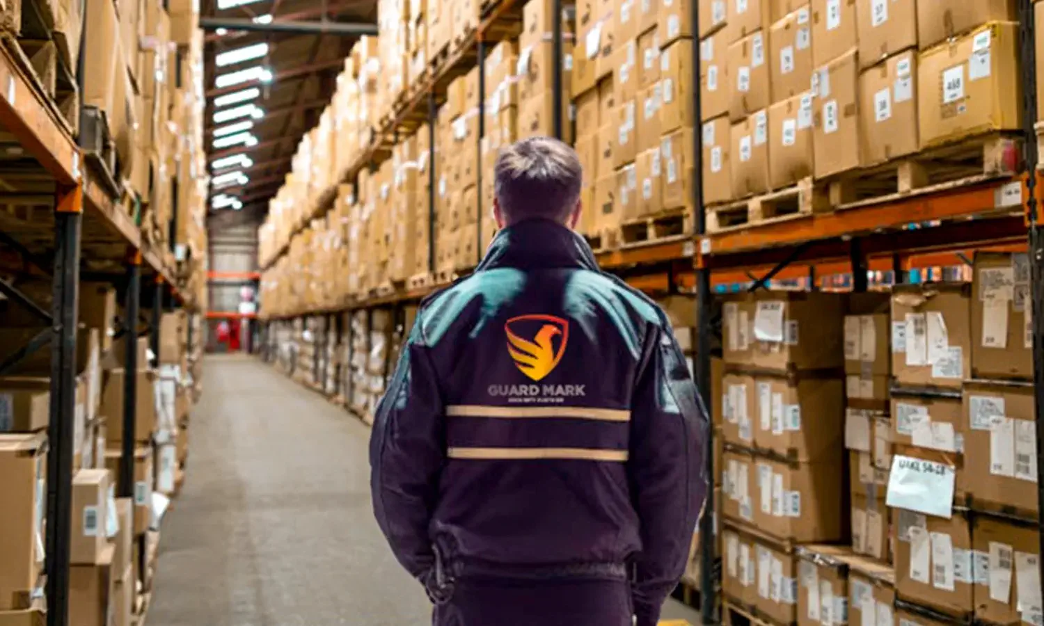 Security guard in guard mark uniform performs duties at warehouse or production site, ensuring safety and security.