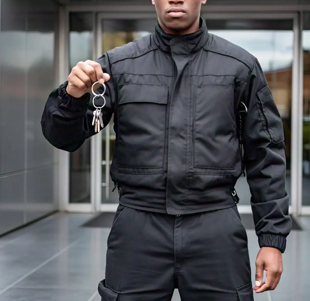 Security officer in black uniform holding keys.