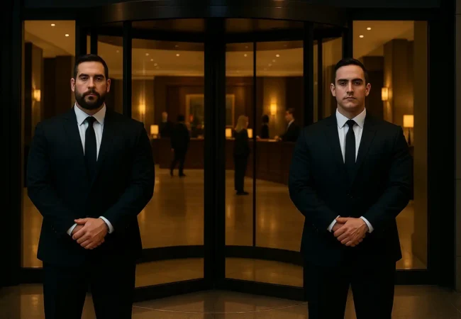 Two hotel security guards, dressed in Guard Mark uniforms, stand by the glass door, diligently performing their duties.