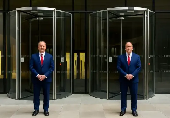 Two hotel security guards, dressed in Guard Mark uniforms, stand by the glass door, diligently performing their duties.