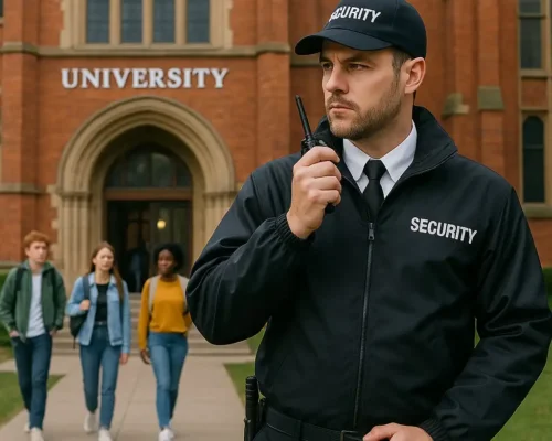A Security Guard monitoring the educational institute and the students at the college entrance.