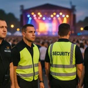 Four security guards stand alert at a crowded outdoor concert, wearing guard mark uniforms, earpieces, and high-visibility vests. Four security guards stand alert at a crowded outdoor concert, wearing guard mark uniforms, earpieces, and high-visibility vests.