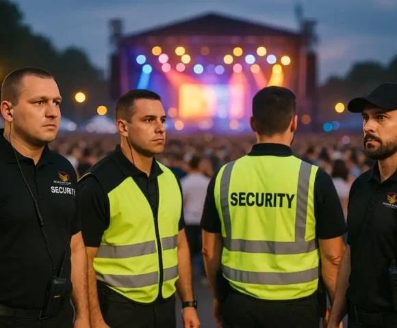 Four security guards stand alert at a crowded outdoor concert, wearing guard mark uniforms, earpieces, and high-visibility vests.