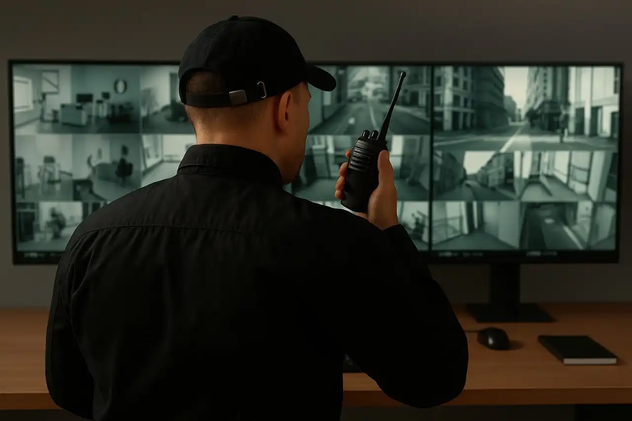 Guard Mark CCTV operator monitors footage, adeptly handling diverse situations to ensure security and safety effectively.