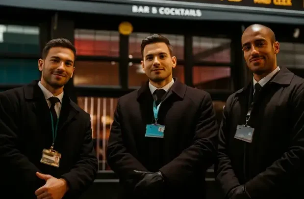 SIA licensed door supervisor teams from Guard Mark perform duties, standing outside near the bar area.