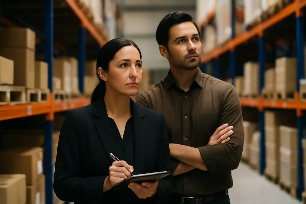Two warehouse employees stand between tall shelves of boxes, reviewing inventory; one holds a clipboard, both look focused.