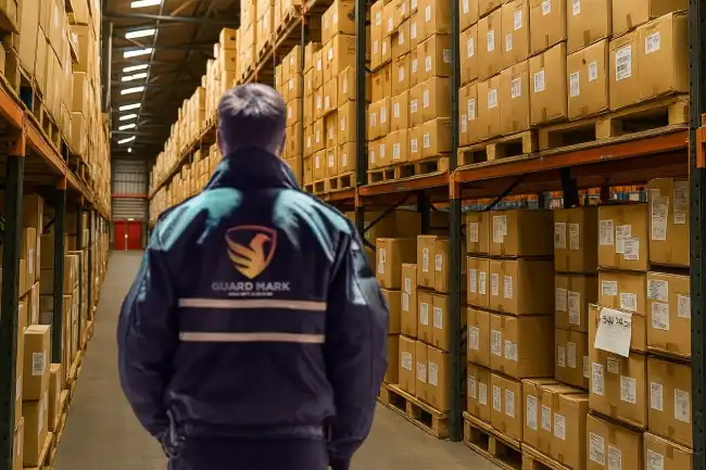 Security guard in Guard Mark uniform performs duties at warehouse or production site, ensuring safety and security.