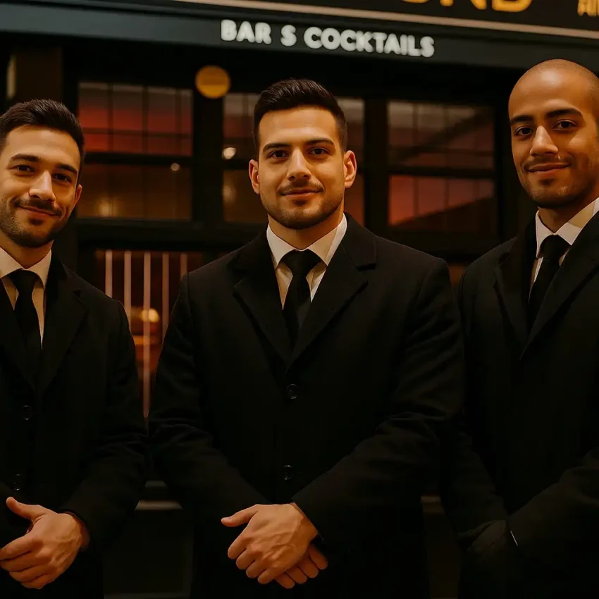 SIA licenced door supervisor teams from Guard Mark perform duties, standing outside near the bar area.