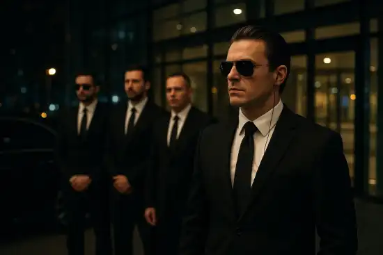 A close Protection Officer wearing sunglasses and an earpiece stands next to a luxury vehicle in daylight.