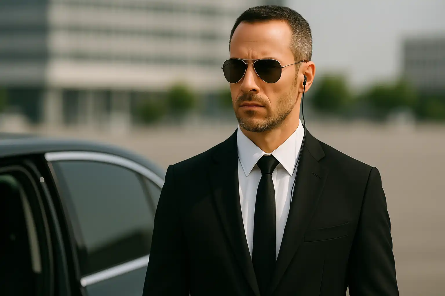 A close Protection Officer from Guard Mark Security wearing sunglasses and an earpiece stands next to a luxury vehicle in daylight.