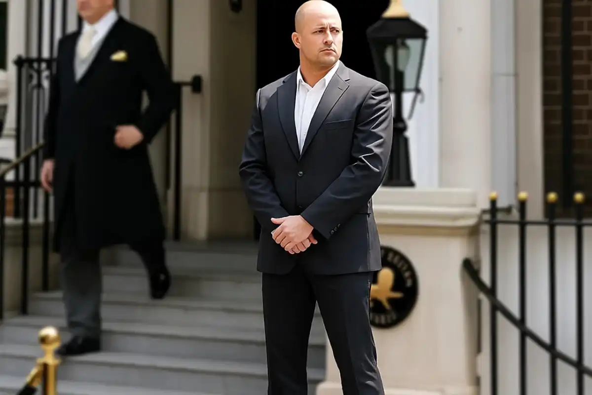 UK hotel security guard, in Guard Mark uniform, maintains watch at entrance, ensuring premises' security.