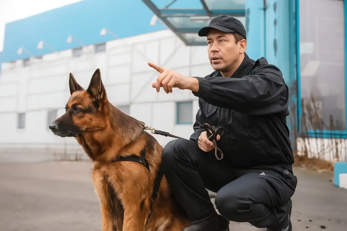 K9 security guard in Guard Mark uniform handles watchdog, securing premises against theft, vandalism with vigilance.