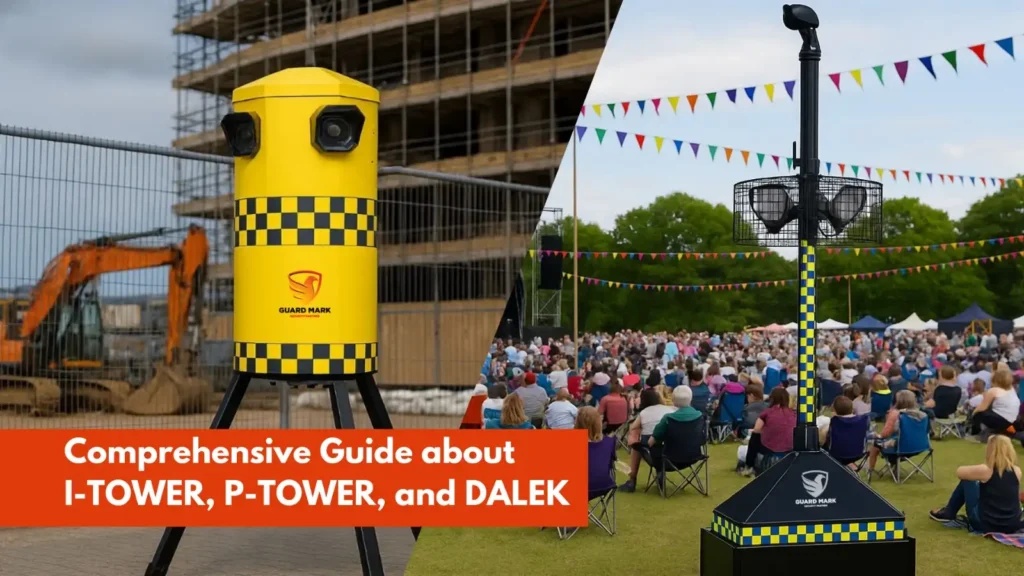 "Image showing I-TOWER, P-TOWER, and DALEK security devices in construction and event environments."