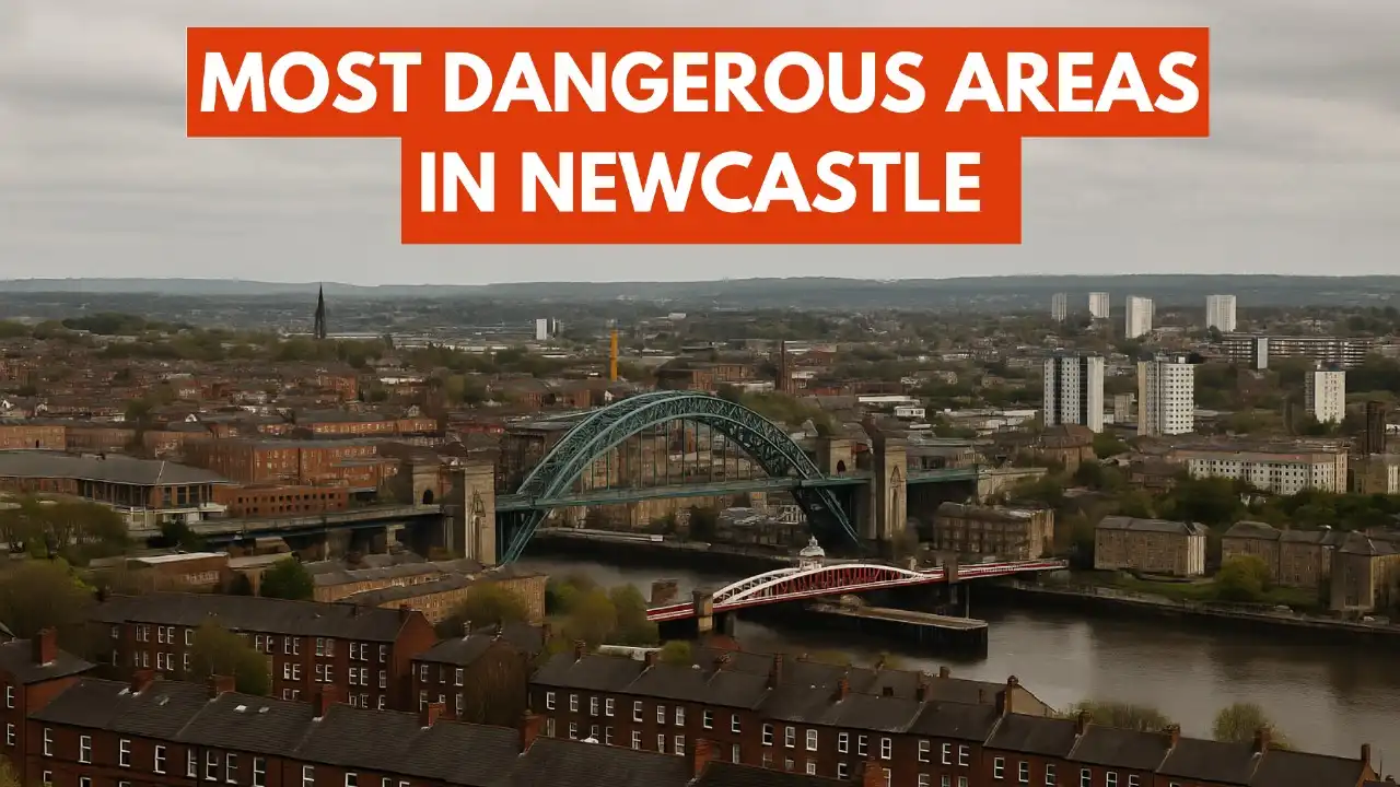 "Aerial view of Newcastle, showcasing the most dangerous areas with a focus on the iconic bridge."