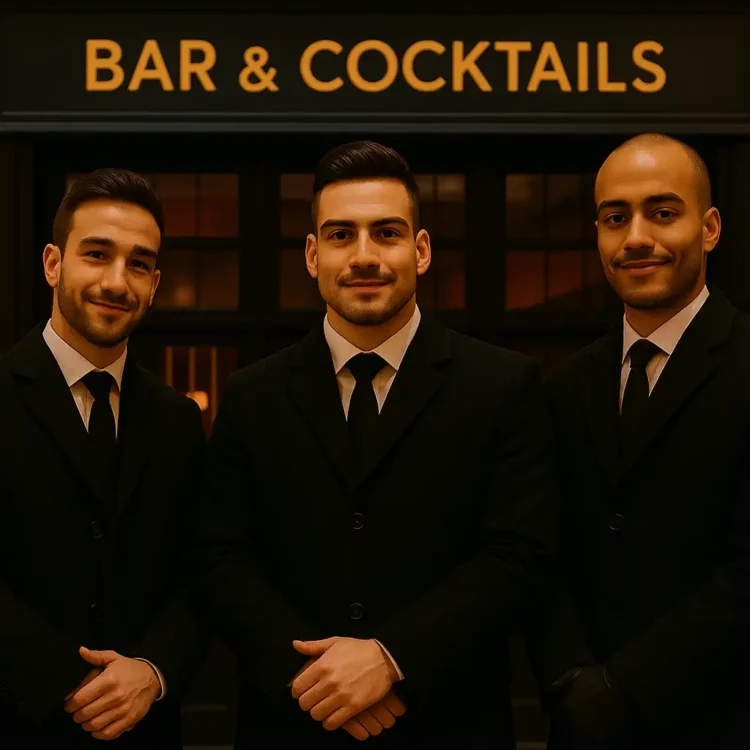 SIA licenced door supervisor teams from Guard Mark perform duties, standing outside near the bar area.