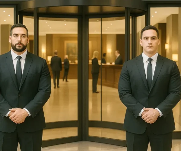 Two hotel security guards, dressed in Guard Mark uniforms, stand by the glass door, diligently performing their duties.