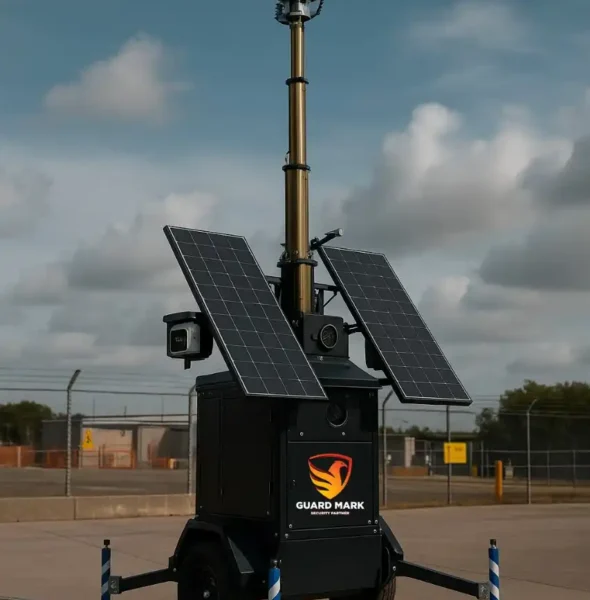 Solar-powered mobile CCTV security tower with multiple surveillance cameras and solar panels, branded with Guard Mark Security, deployed outdoors for site monitoring.