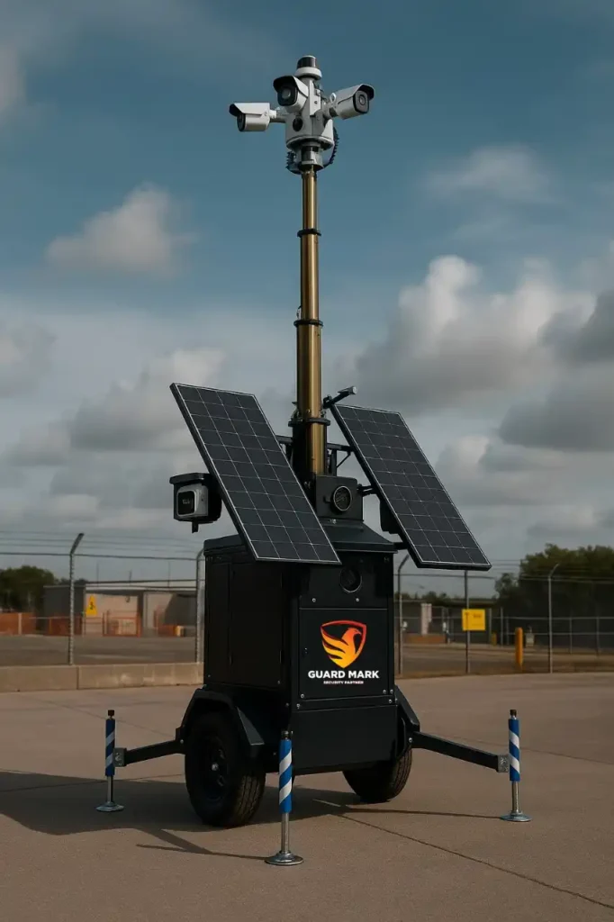 Solar-powered mobile CCTV security tower with multiple surveillance cameras and solar panels, branded with Guard Mark Security, deployed outdoors for site monitoring.