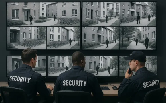 Security guards in control room monitoring CCTV screens of student accommodation entrances, bike racks, and pathways.