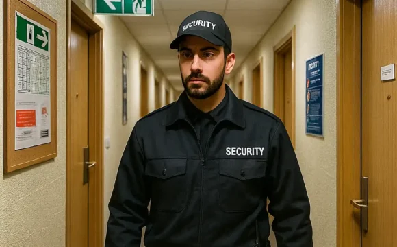 Professional security guard patrolling student accommodation hallway to ensure safety and protection.