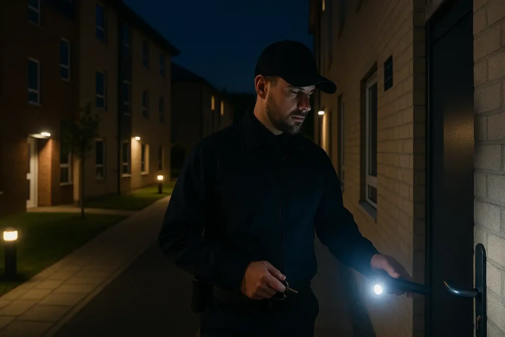 Security guard on night patrol checks student housing door with flashlight, ensuring safety along well-lit campus pathways.