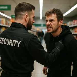 Security guard in black uniform holding an aggressive offender by the hoodie inside a supermarket aisle during a confrontation.