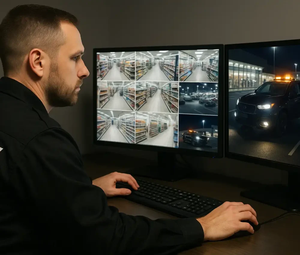 CCTV Operator watching screens Guard Mark Security branded patrol van on nighttime duty in a city environment, with a security officer inside monitoring the area.