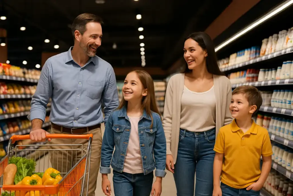 Family enjoying a safe shopping experience in a well-protected supermarket with professional retail security ensuring customer comfort.