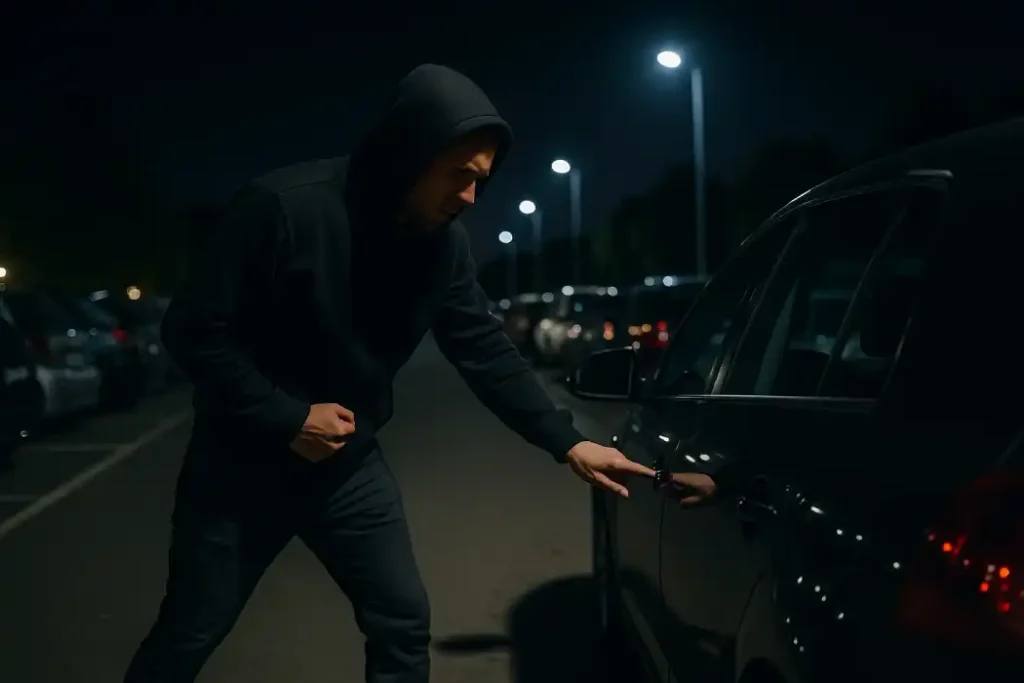 Man in dark hoodie attempting to break into a parked car in a dimly lit supermarket car park at night.
