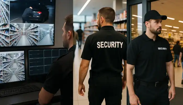 Security personnel monitoring CCTV operations, patrolling supermarket aisles, and standing at the store entrance to ensure safety and loss prevention.
