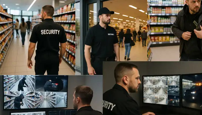 Retail security solutions including on-site guards and remote CCTV surveillance detecting suspicious activities inside a supermarket environment.