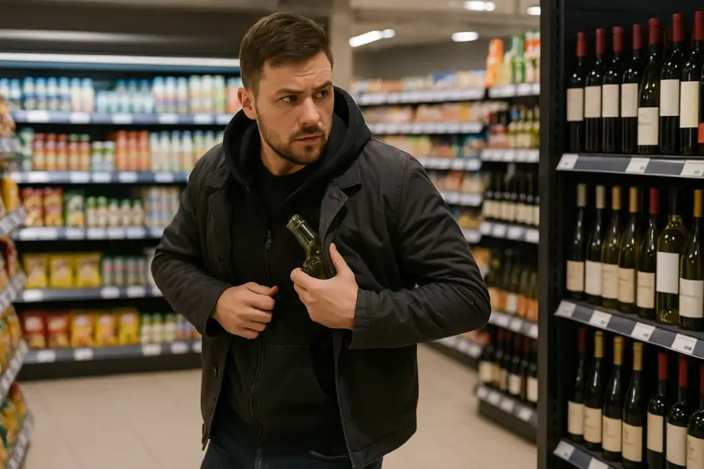 Shoplifter hiding a bottle of alcohol inside jacket in a supermarket aisle, looking around cautiously.