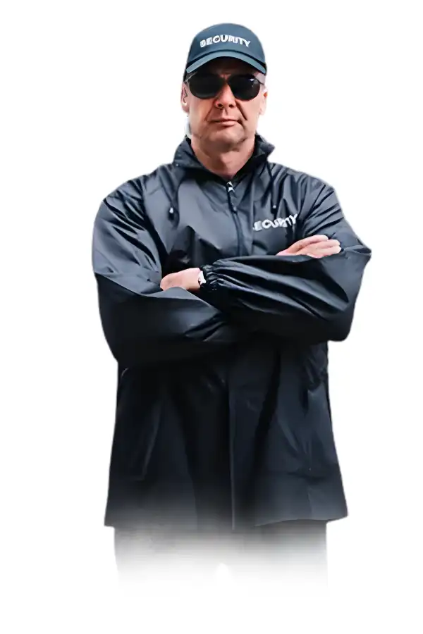 A Keyholder and alarm response security officer wearing a black security jacket, cap, and sunglasses, standing with arms crossed against a white background.