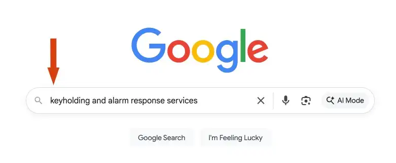 Google homepage with search bar showing user typing ‘keyholding and alarm response services’ for Guard Mark Security.