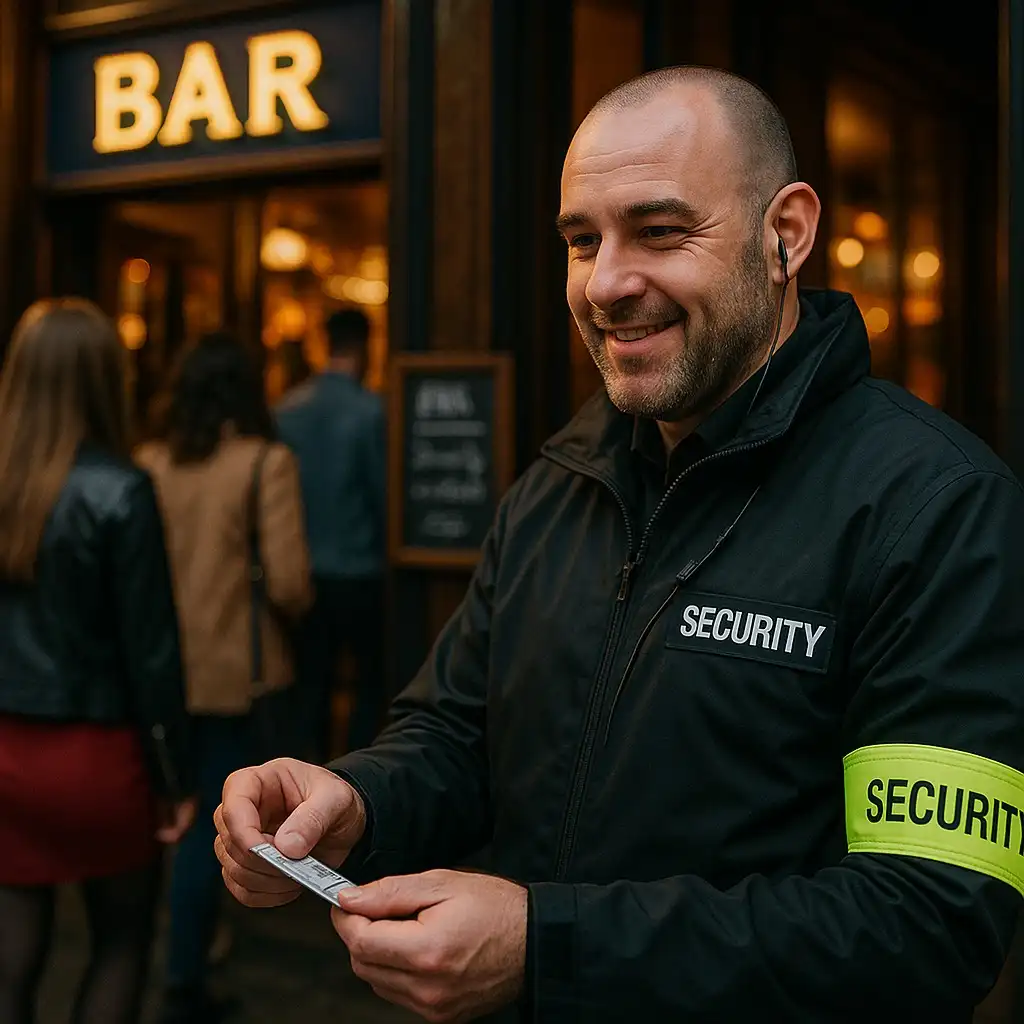 A smiling male door supervisor wearing a black security jacket and neon security armband cheques IDs outside a busy bar entrance, with people entering in the background.