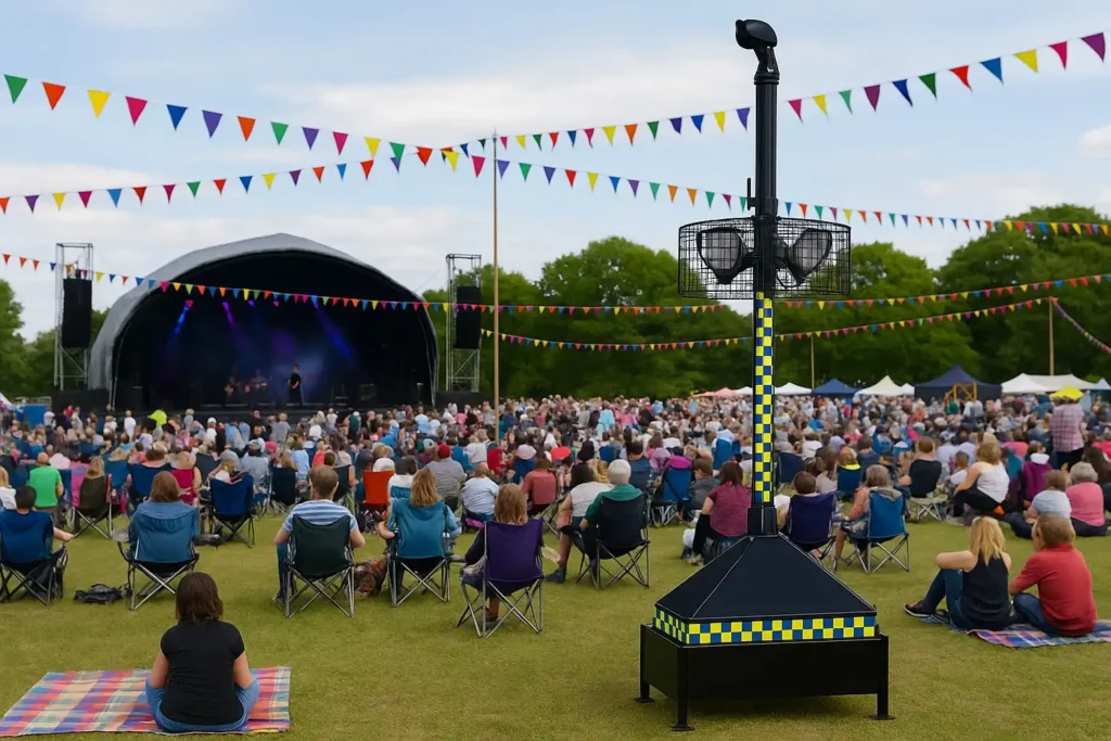 A wide outdoor festival scene with a crowd sitting on the grass facing a stage under colourful bunting, with a visible CCTV security tower in the foreground, symbolising professional festival security and event safety monitoring. A wide outdoor festival scene with a crowd sitting on the grass facing a stage under colourful bunting, with a visible CCTV security tower in the foreground, symbolising professional festival security and event safety monitoring.